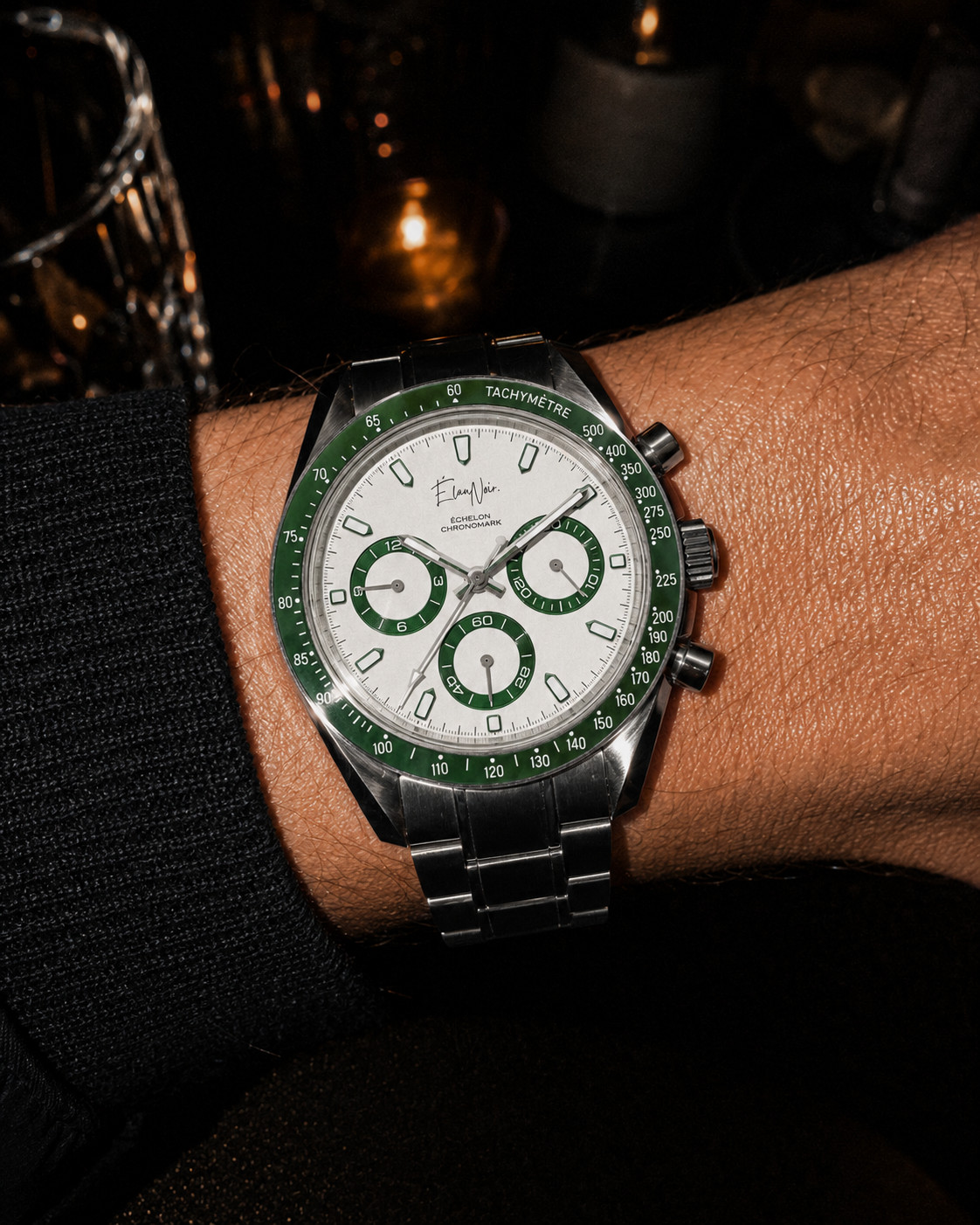 Élan Noir Chronograph Watch VK63 White & Green Dial Sapphire Crystal Steel 40mm