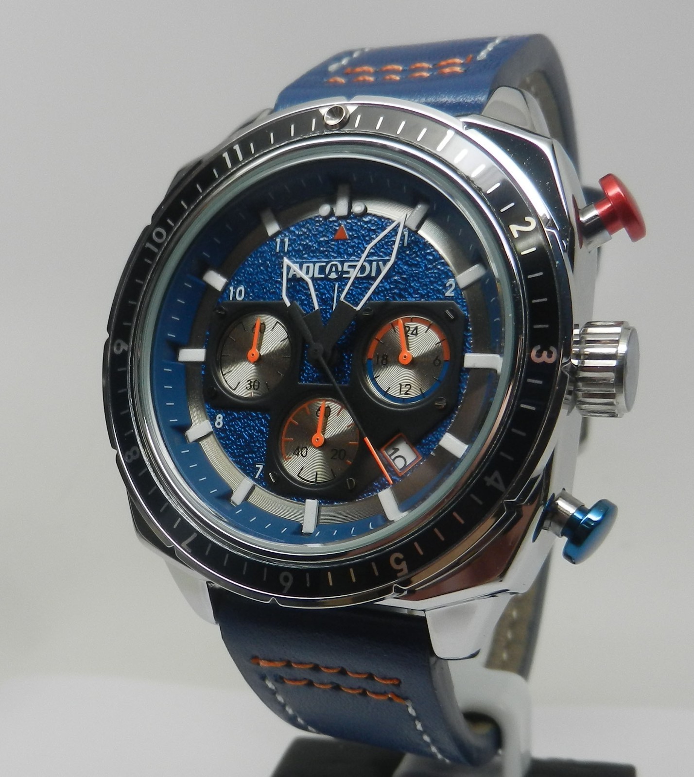 Men’s 45mm Blue Textured Chronograph Date Dial W/ Leather 24HR Dial Sport Watch
