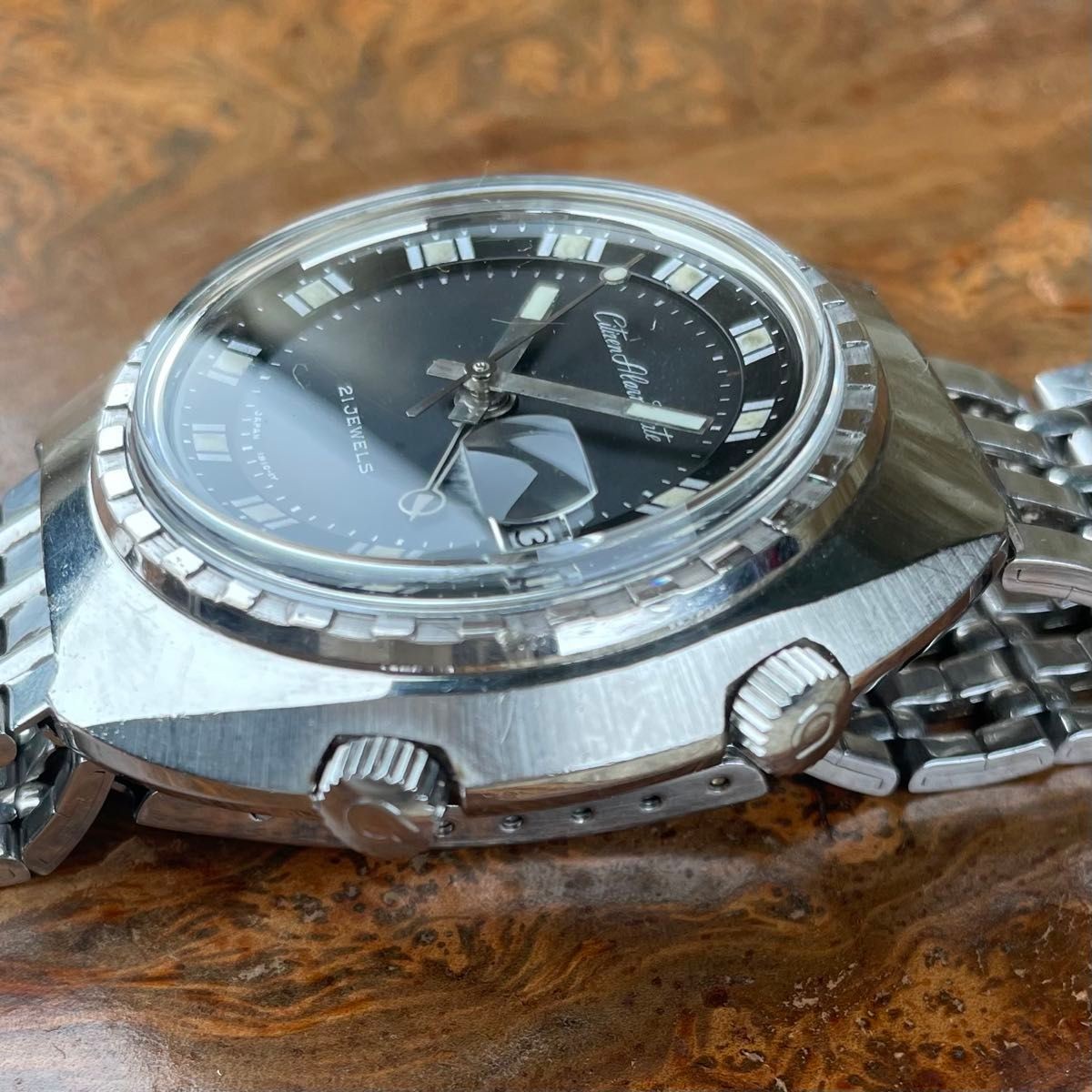CITIZEN Alarm Date ALD5 2901A-Y Black Gilt Dial 21J Manual Watch Vintage Japan