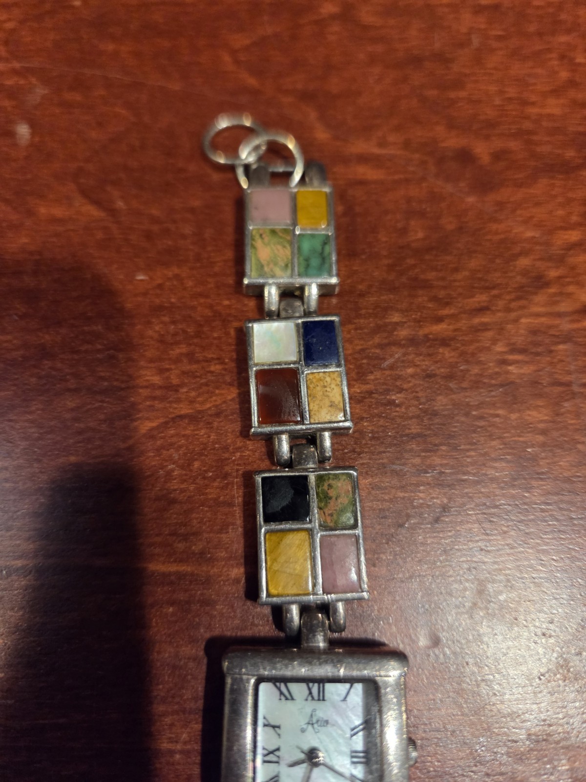 Vintage Aria Sterling Silver Multi Stone Inlay Mosaic Watch MOP Dial .925 1990’s