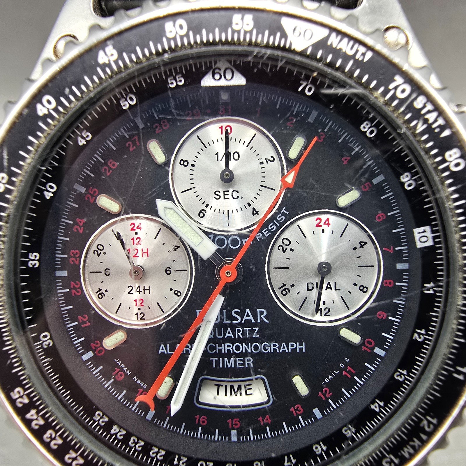 Seiko Pulsar Chronograph Watch Men 41mm Black Dial Silver Alarm Date N945 NewBat