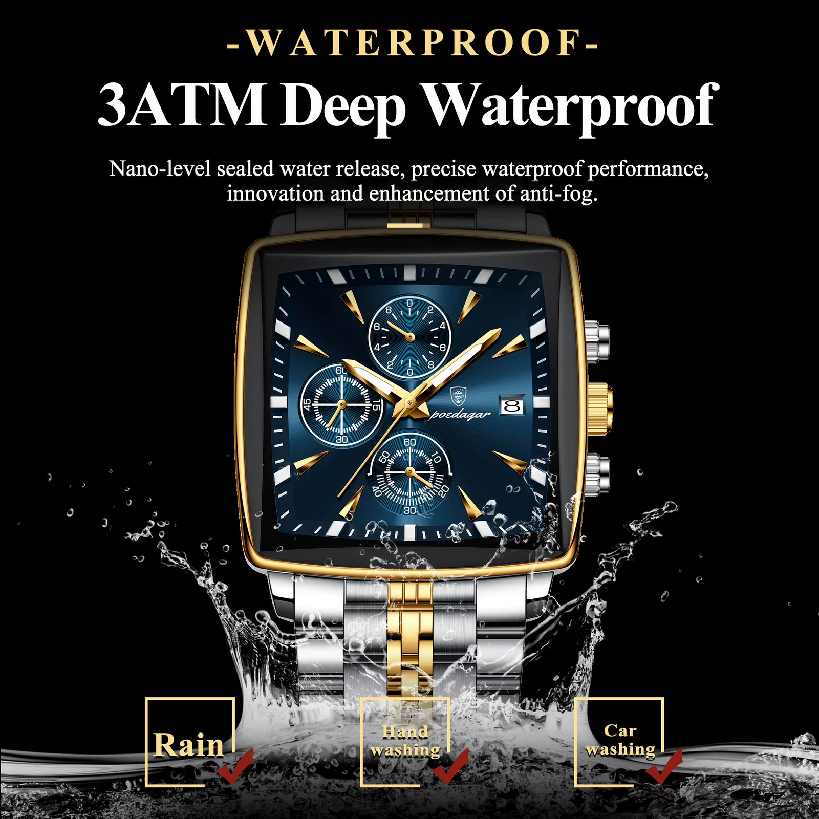 Men Luminous Quartz Watch Waterproof Chronograph Stainless Steel Wristwatch