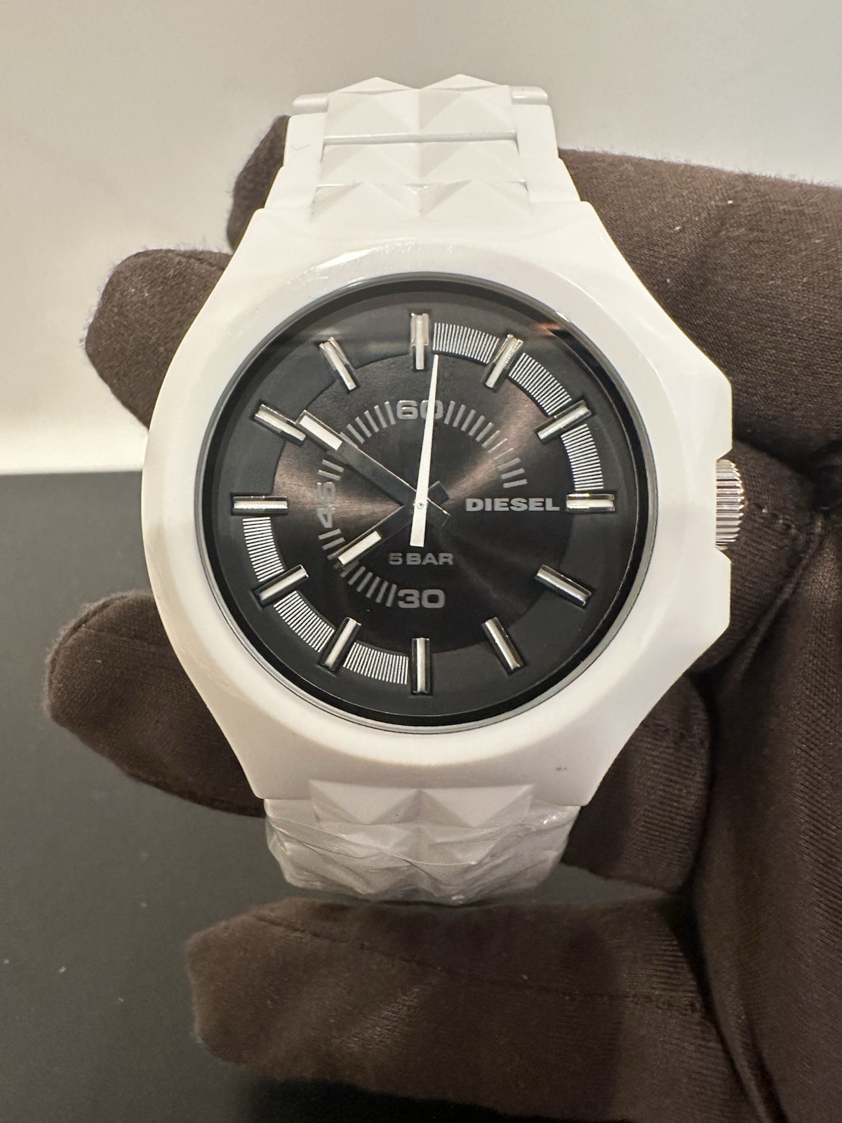 Diesel DZ-1645 Unisex Stud Black Dial White Band Watch (New No Box)
