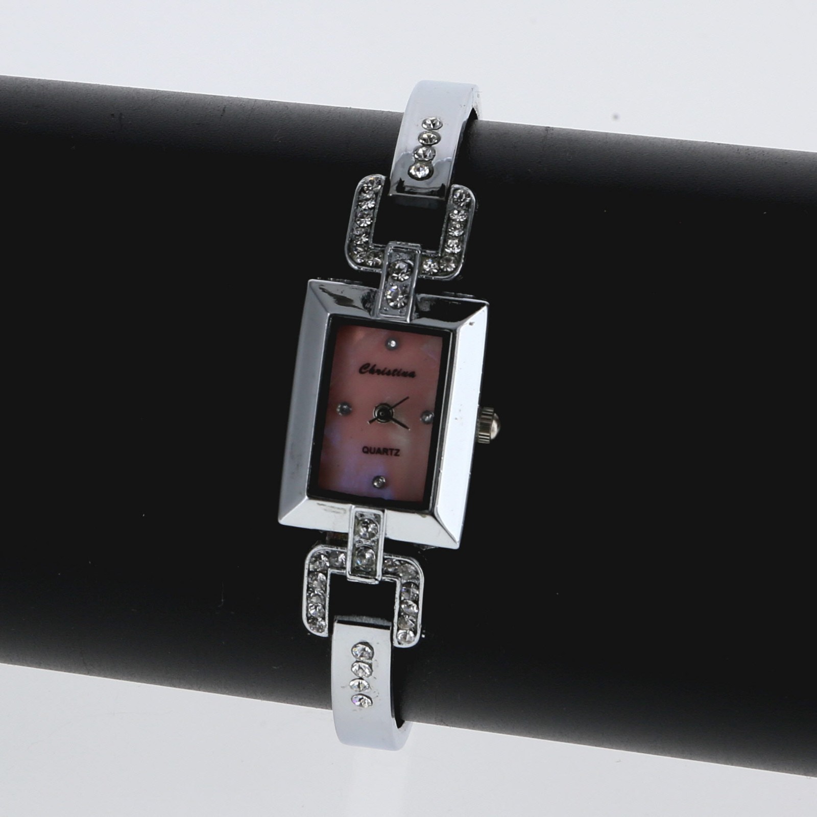 Silver Rhinestone Crystal Bracelet Watch 19mm x 24mm Pink Mother of Pearl Dial