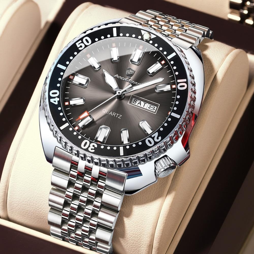 POEDAGAR Men Date Week Waterproof Luminous Casual Stainless Steel Quartz Watch