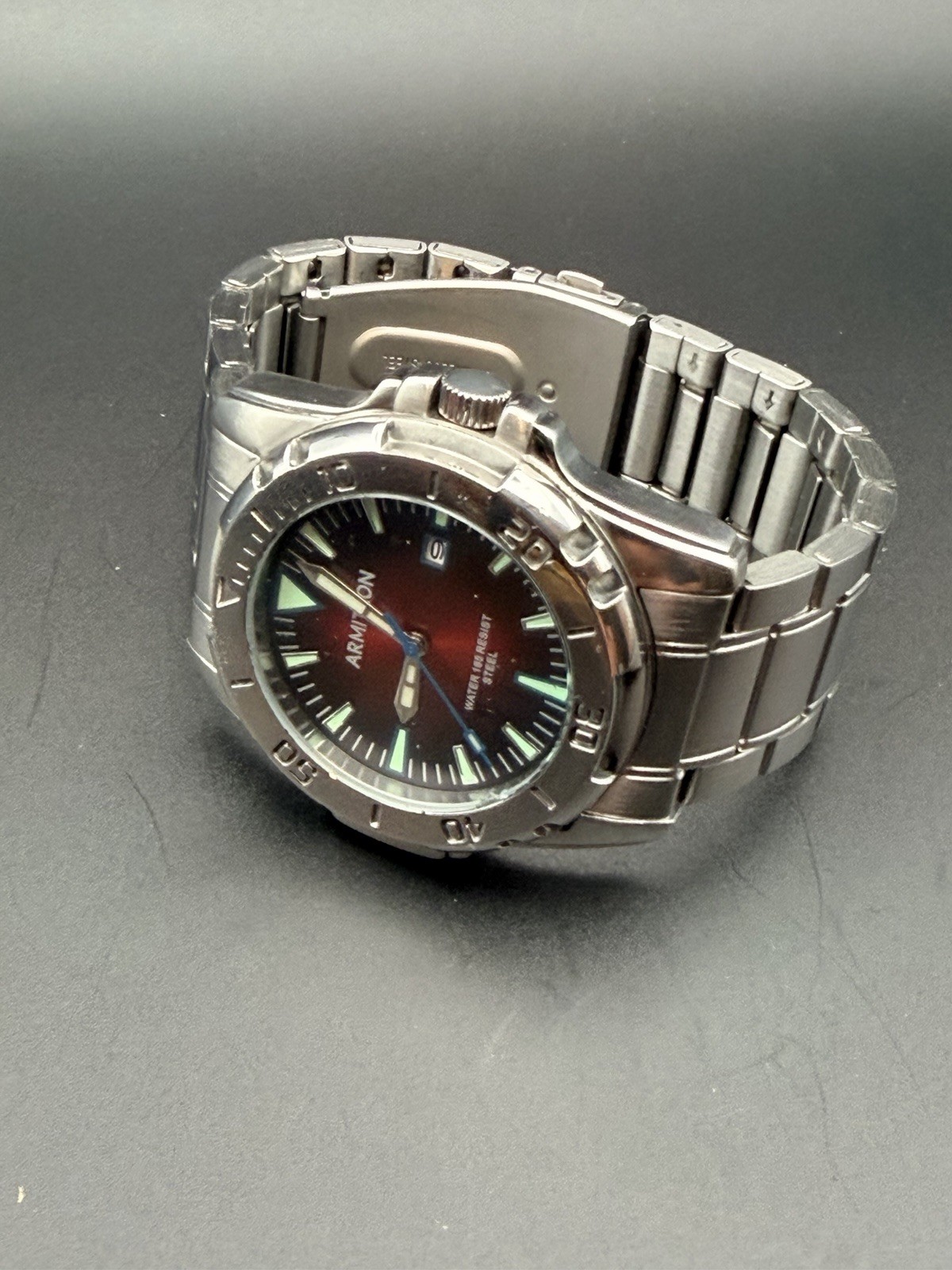 Armitron 20/5494SV Men’s Red Sunburst Dial Stainless Steel Quartz Watch Runs