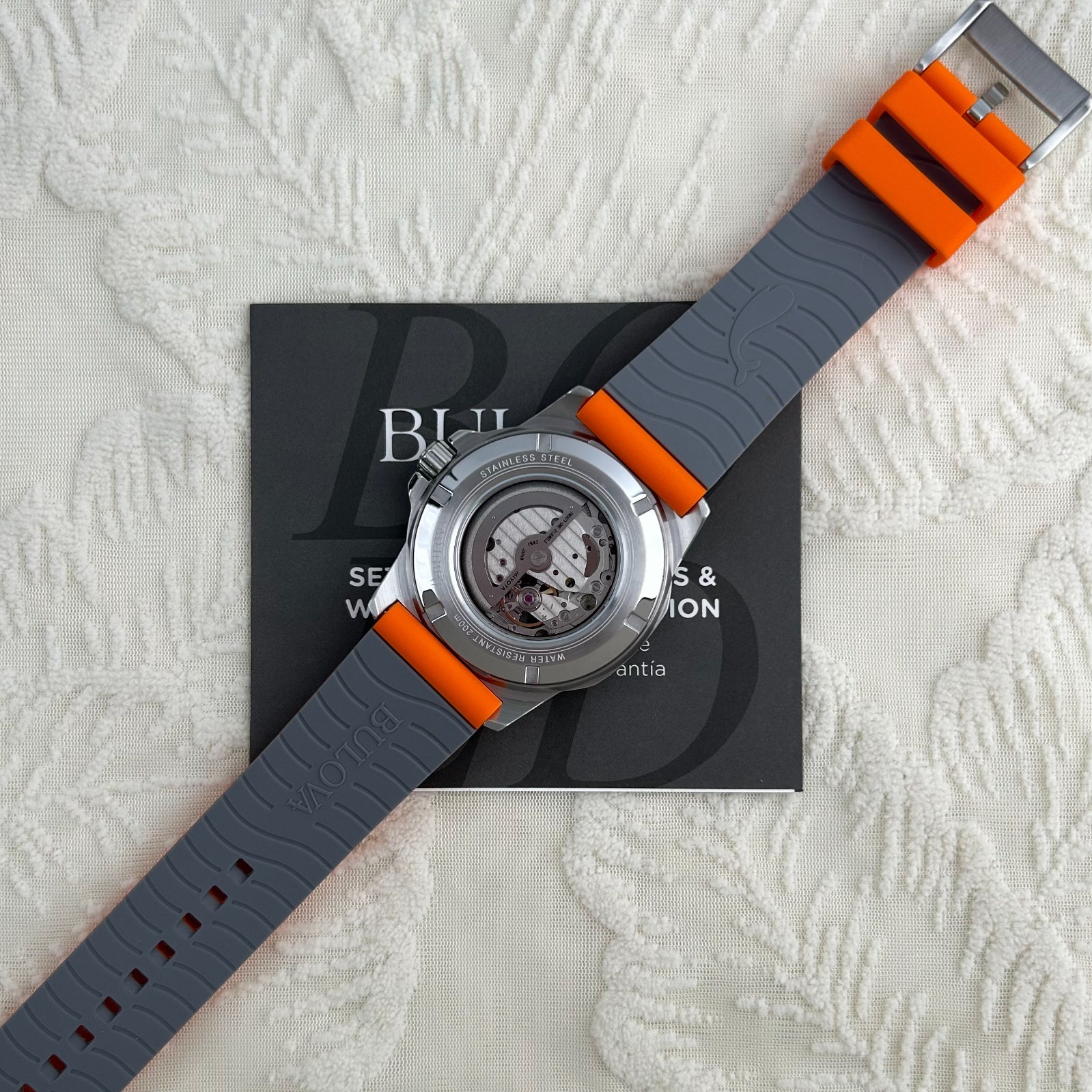 Bulova Marine Star A Automatic Orange Dial Rubber Strap Men 98A226 Watch