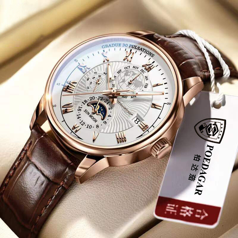 Men Watch Leather Waterproof Luminous Watch Luxury Men Quartz Wristwatches + BOX