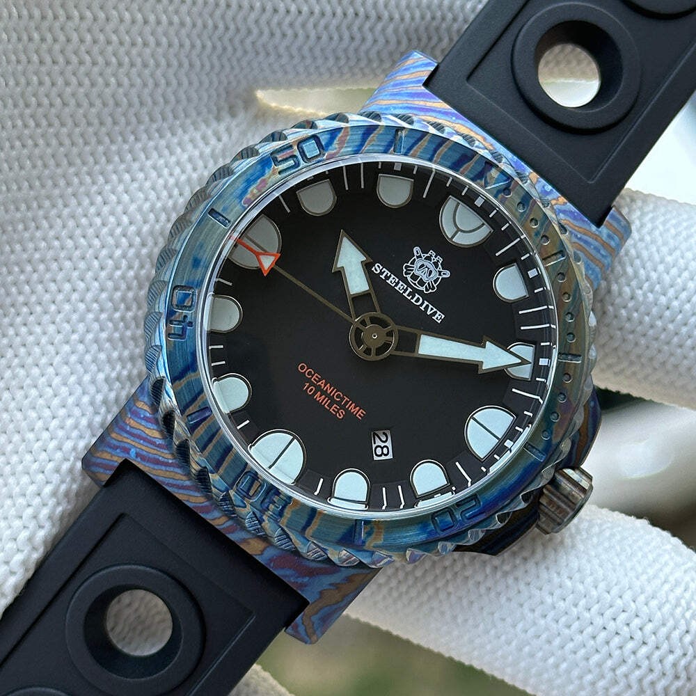 STEELDIVE SD1982Y — 46.5MM Titanium Damascus NH35 Dive Watch Sapphire Glass