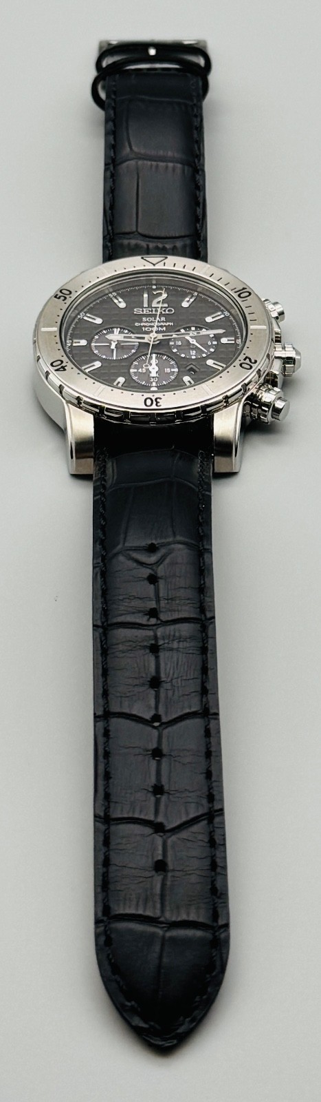 Seiko Solar Chronograph Watch Black Dial Date SSC245 Stainless Steel 45mm 2013