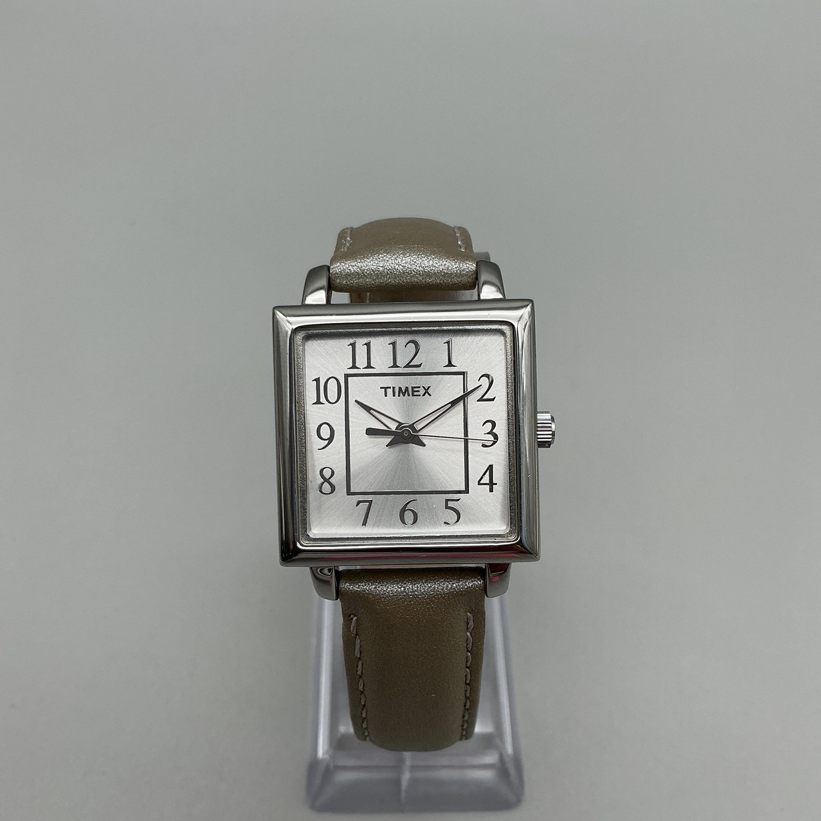 Timex Womens Watch 28mm Silver Tone Gray Leather T2P095 Square Dial