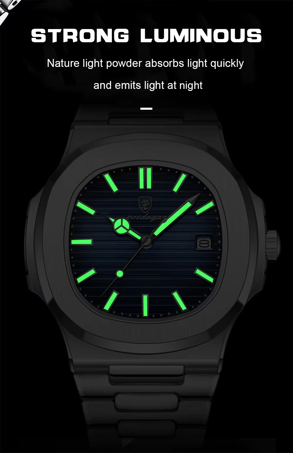 POEDAGAR Luxury Business Men’s Quartz Watch 3Bar Square Luminous Date Stainless