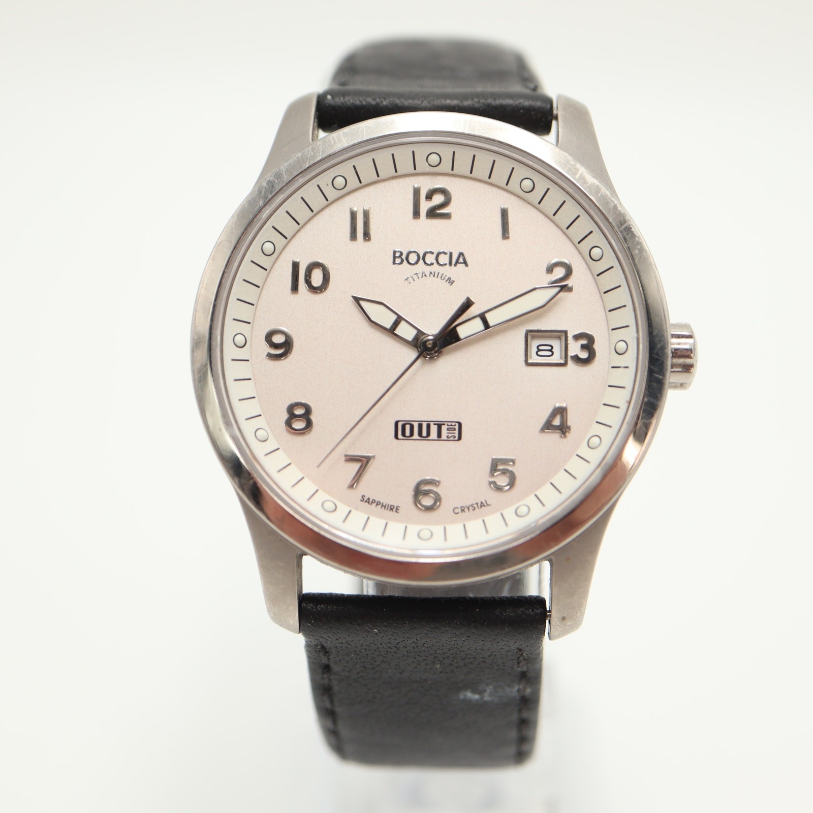 Boccia Titanium Mens 38mm Date Watch Sapphire Crystal Black Leather New Battery