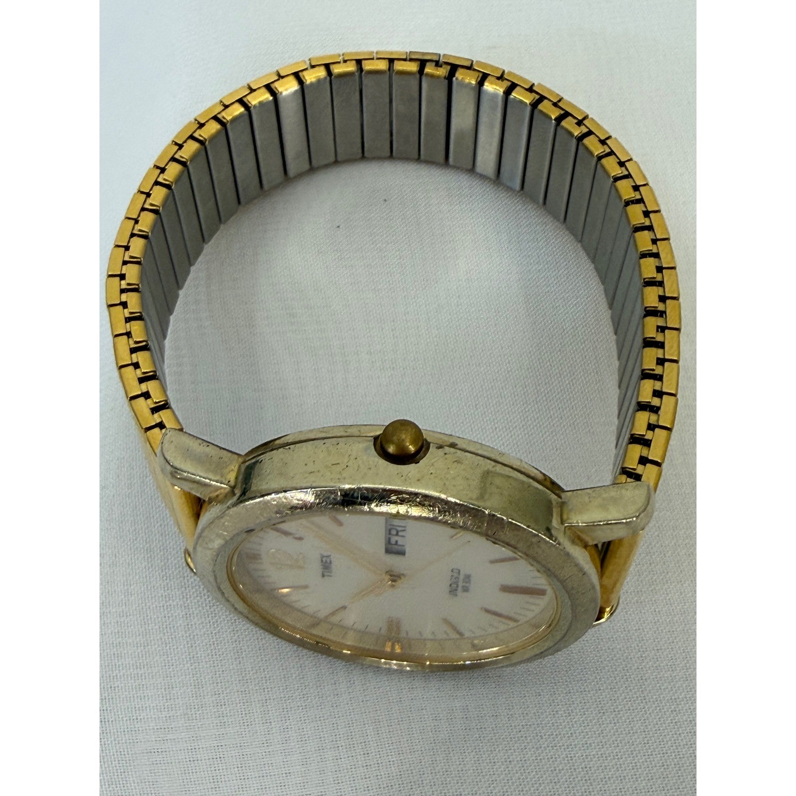 Timex Indiglo WR 30M Gold Tone Day Date Expansion Band Watch CR2016 KO