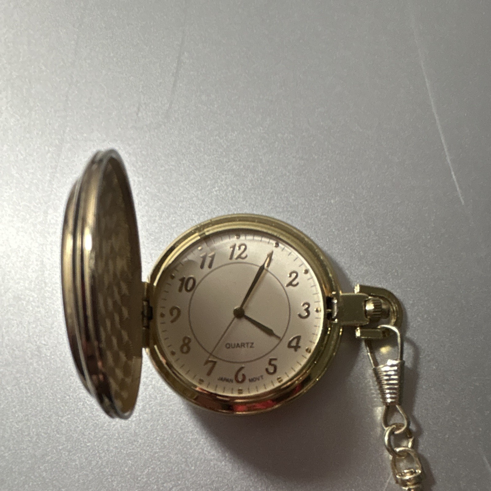 Gold Tone Full Hunter Quartz Pocket Watch w/ Chain Kennedy Half Dollar Design
