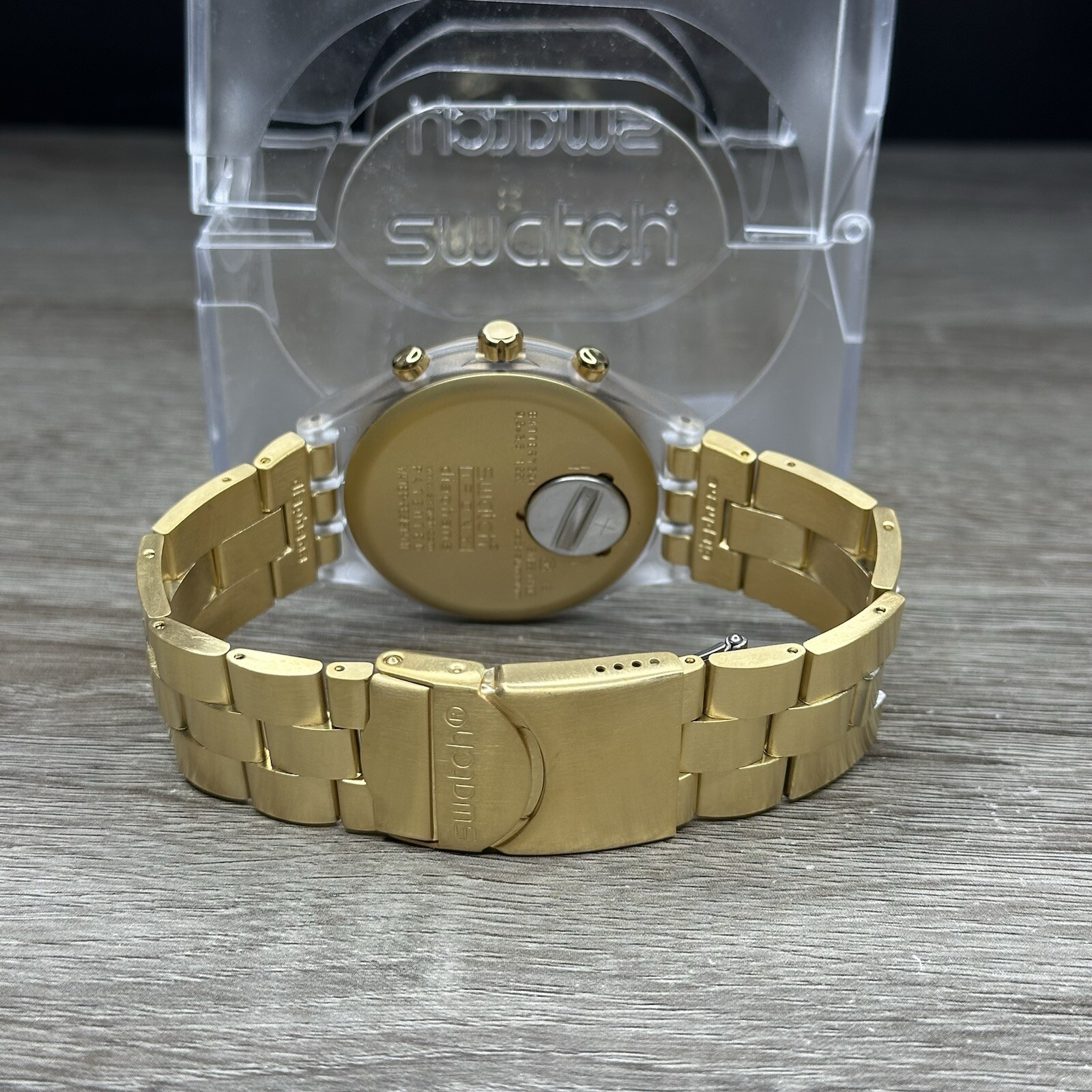 NEW✅ SWATCH IRONY FULL BLOODED GOLD CHRONO ALUMINUM 43MM WATCH SVCK4084