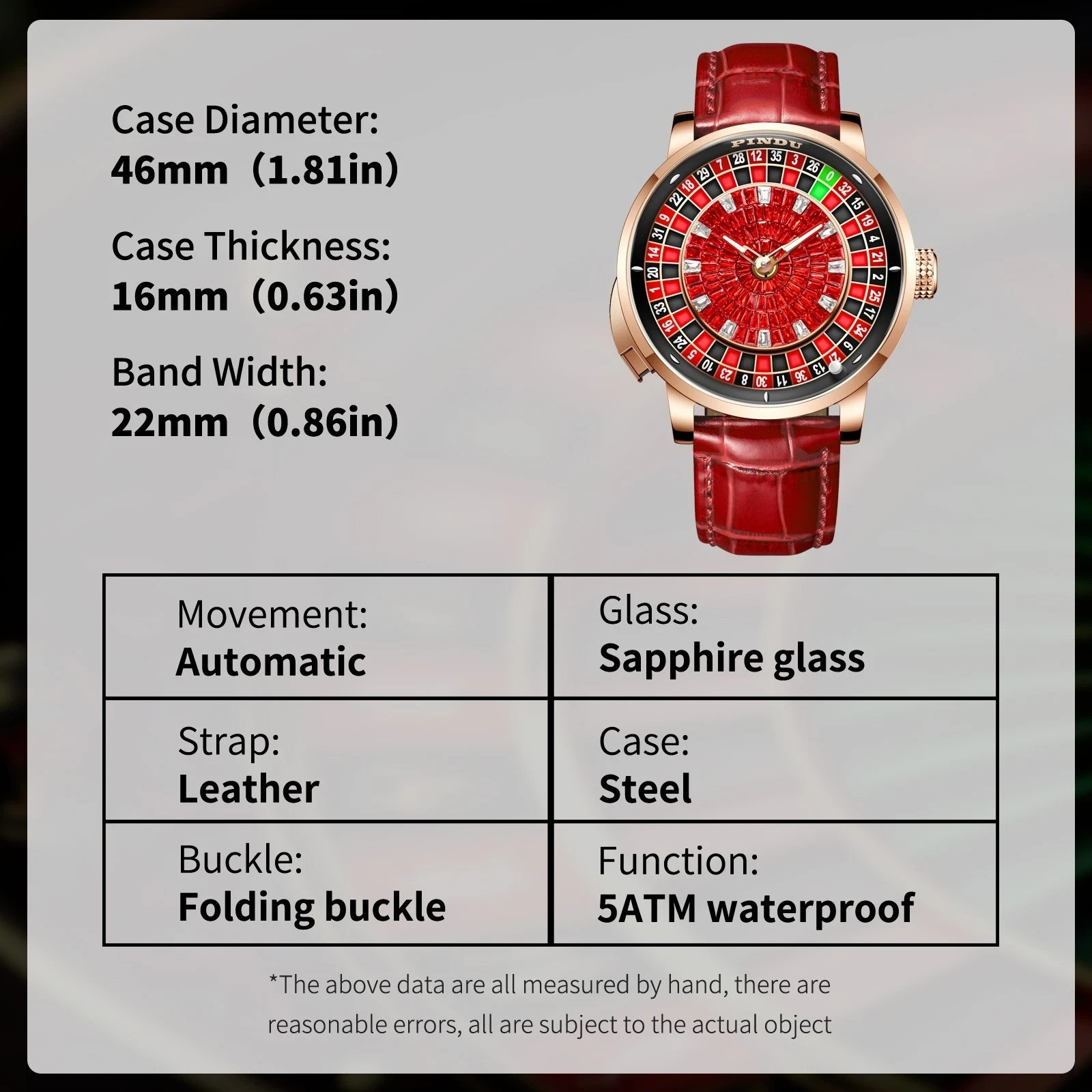 PINDU Russian Men’s Automatic Watch 5ATM Casino Tourbillon Rotating Roulette