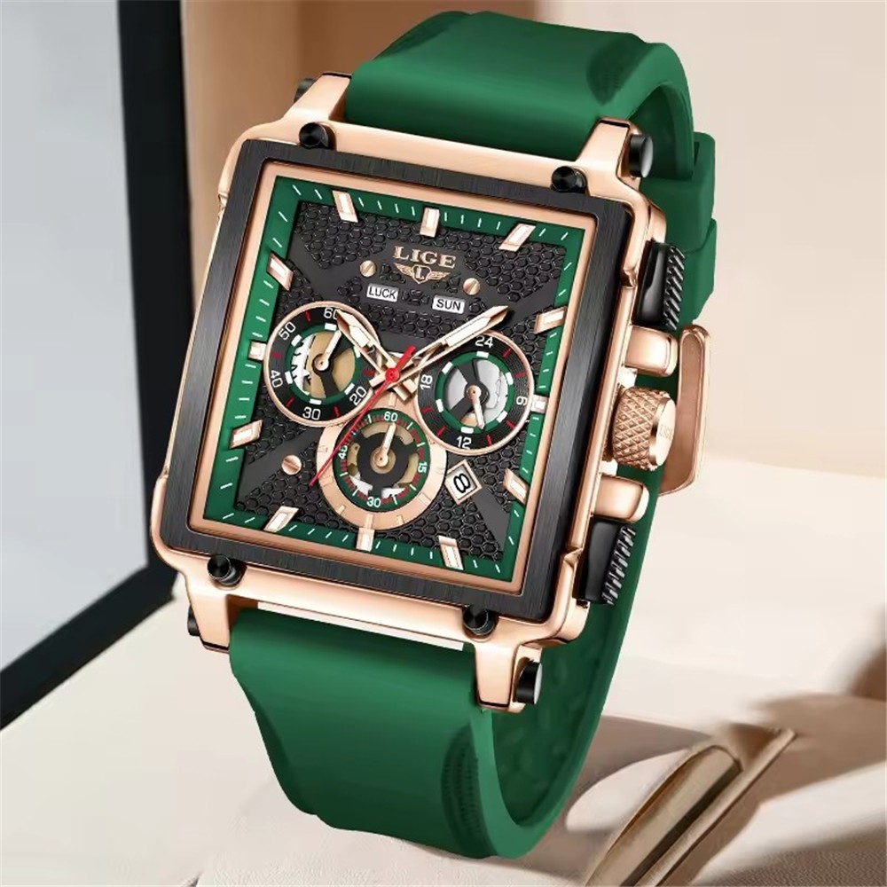 LIGE Men Watch Rectangle Sport Quartz Wristwatch Silicone Strap Male Date Watch