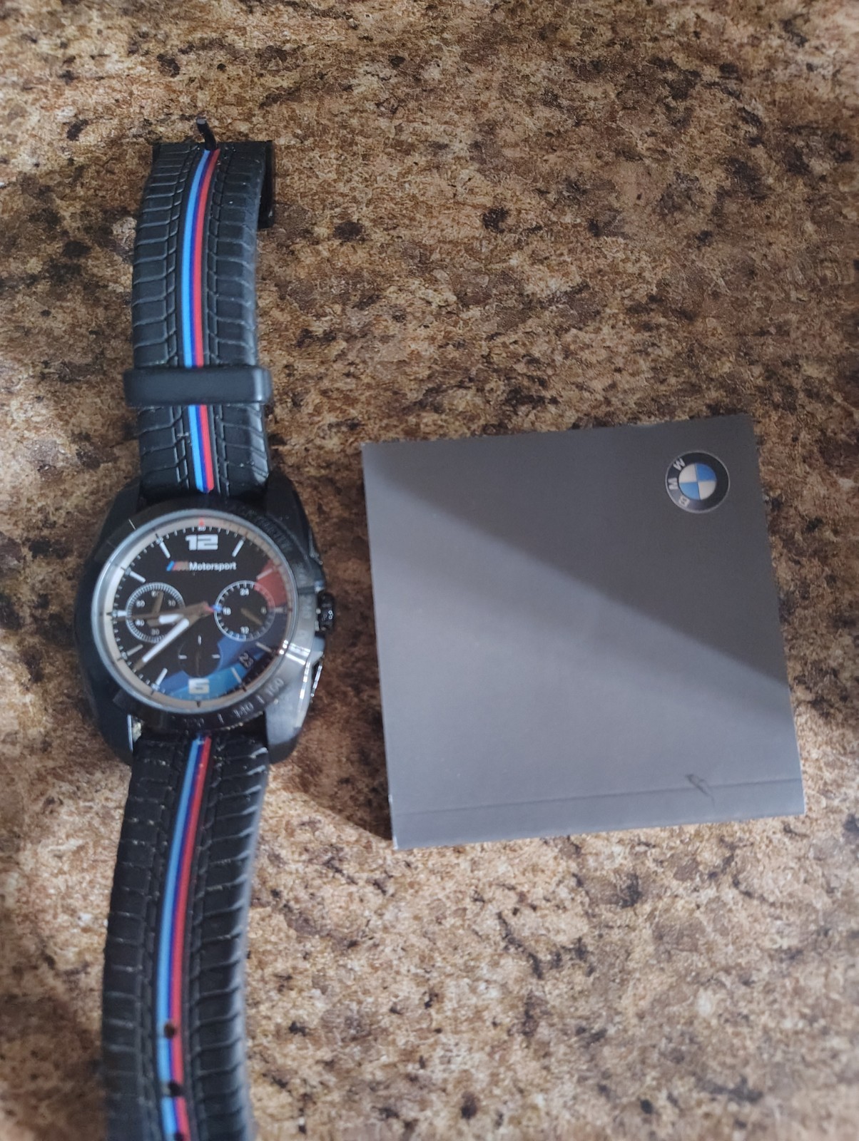 BMW Motorsport Chronograph Quartz Black Dial Leather Strap Watch w/ Box 100m
