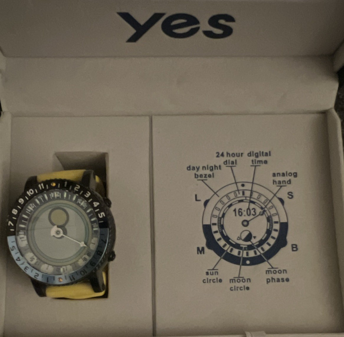 Yes World Watch Analog/Digital Quartz Moon Phase 24-Hour Yellow Rubber Band