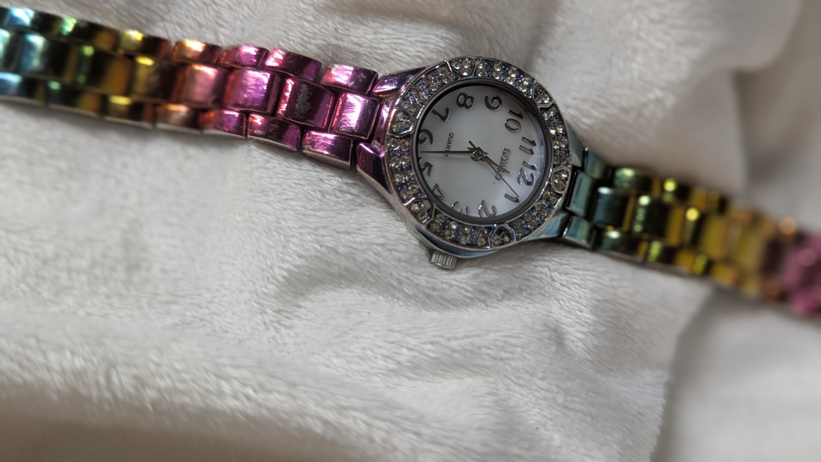 Woman’s Watch Bongo BG3802 rainbow metal band. New battery works great!