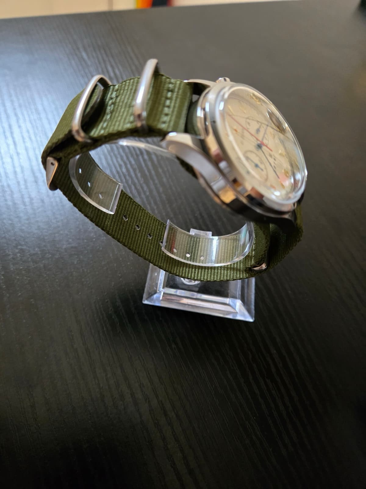 Homage Seagull 1963 Chronograph Quartz 42mm Rice White Dial Green NATO Strap