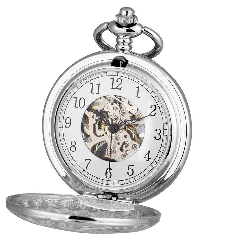 Vintage Steampunk Silver Hand Winding Mechanical Pocket Watch Shield Chain Gift