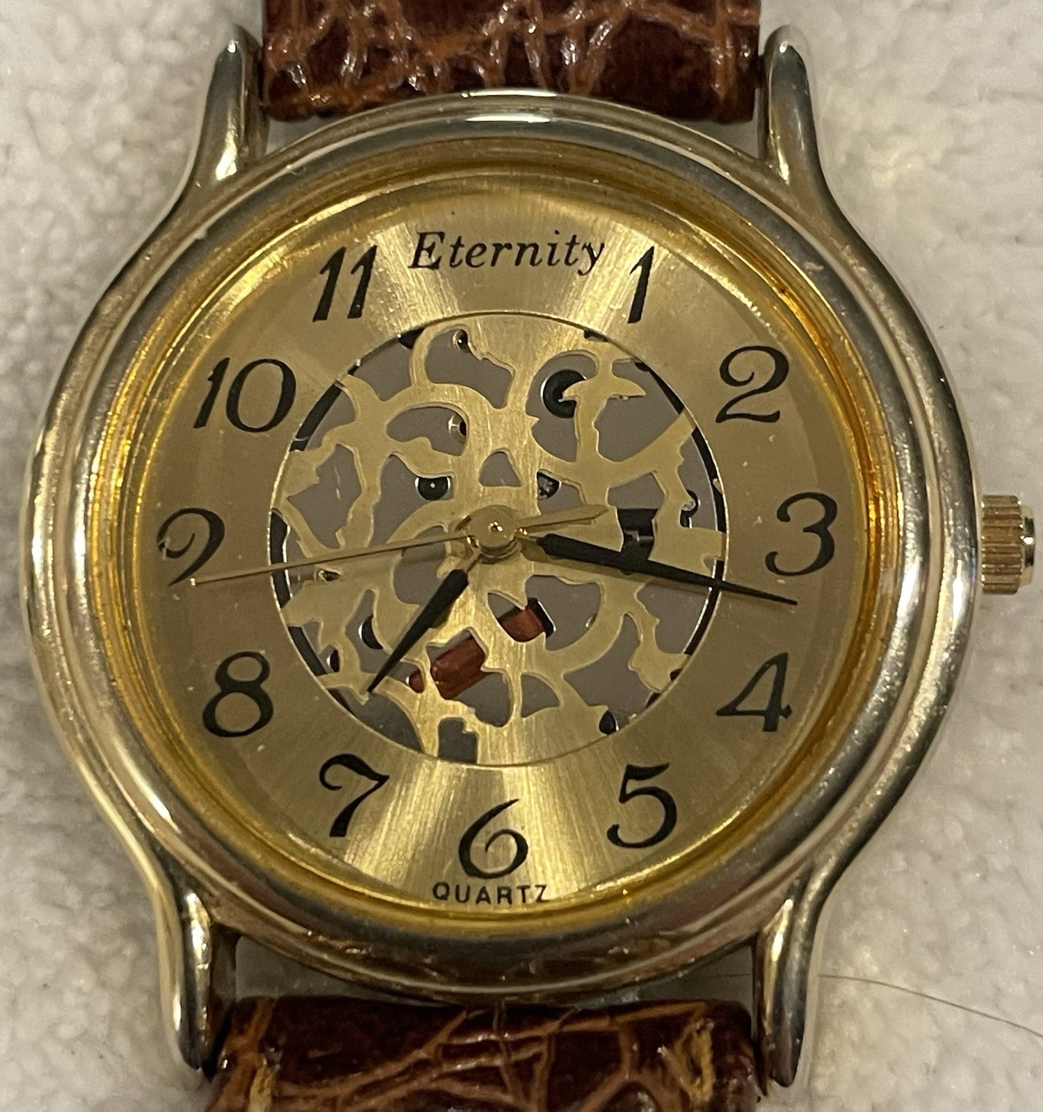 LA Express Lady Or MansWatch Gold Skeleton-Look Dial Brown Genuine Leather Strap