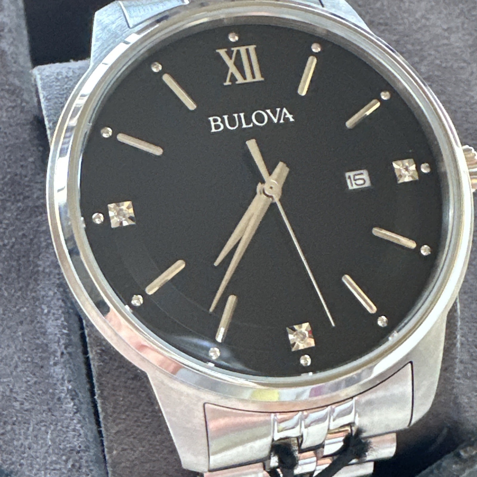 Bulova Men’s Quartz Silver Diamond Accent Marker Black Dial Watch 96D151