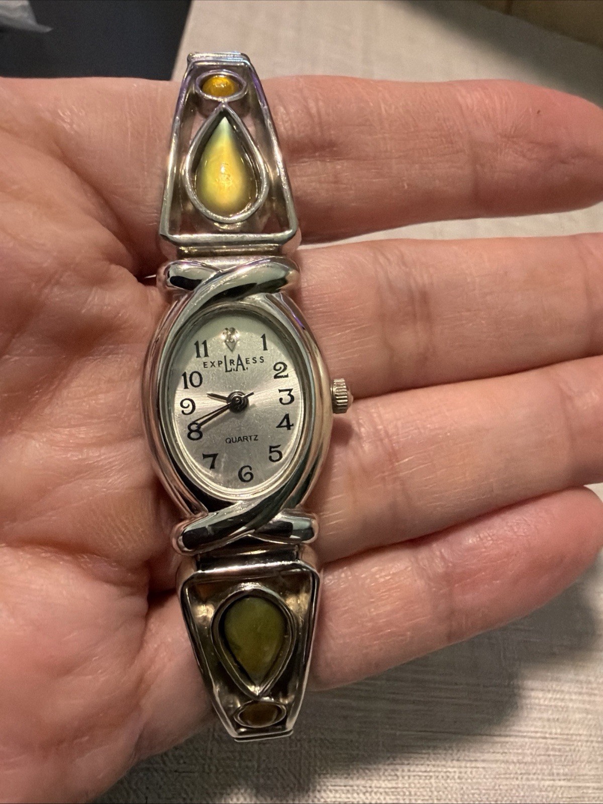 Vintage Silver Stretch Watch Green Yellow Cats Eye Moonstone Quartz LA EXPRESS