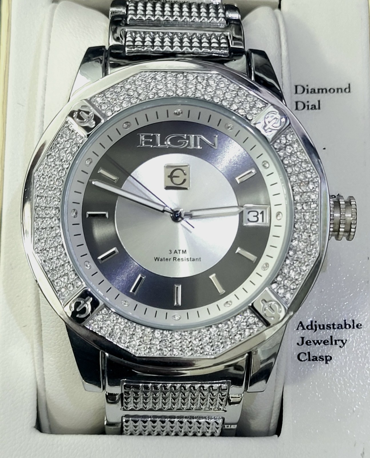 Rare Diamond Paved Bezel Mens Watch Elgin Authorized Dealer