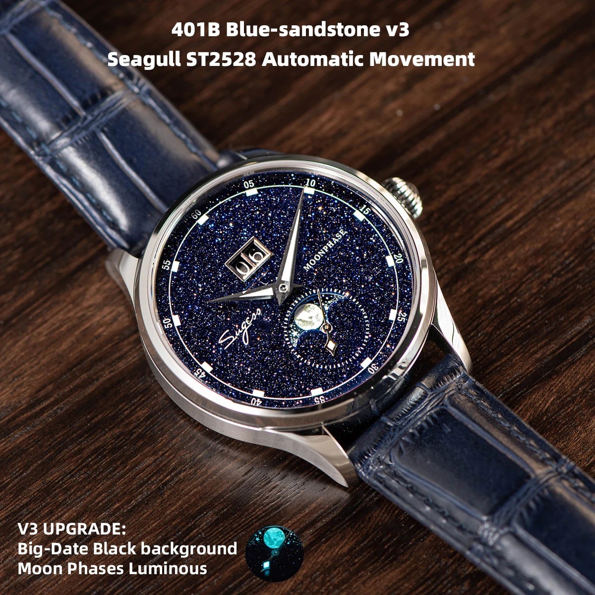Sugess Moonphase Watch of Men 40mm Automatic Mechanical Wristwatches Origin ST25