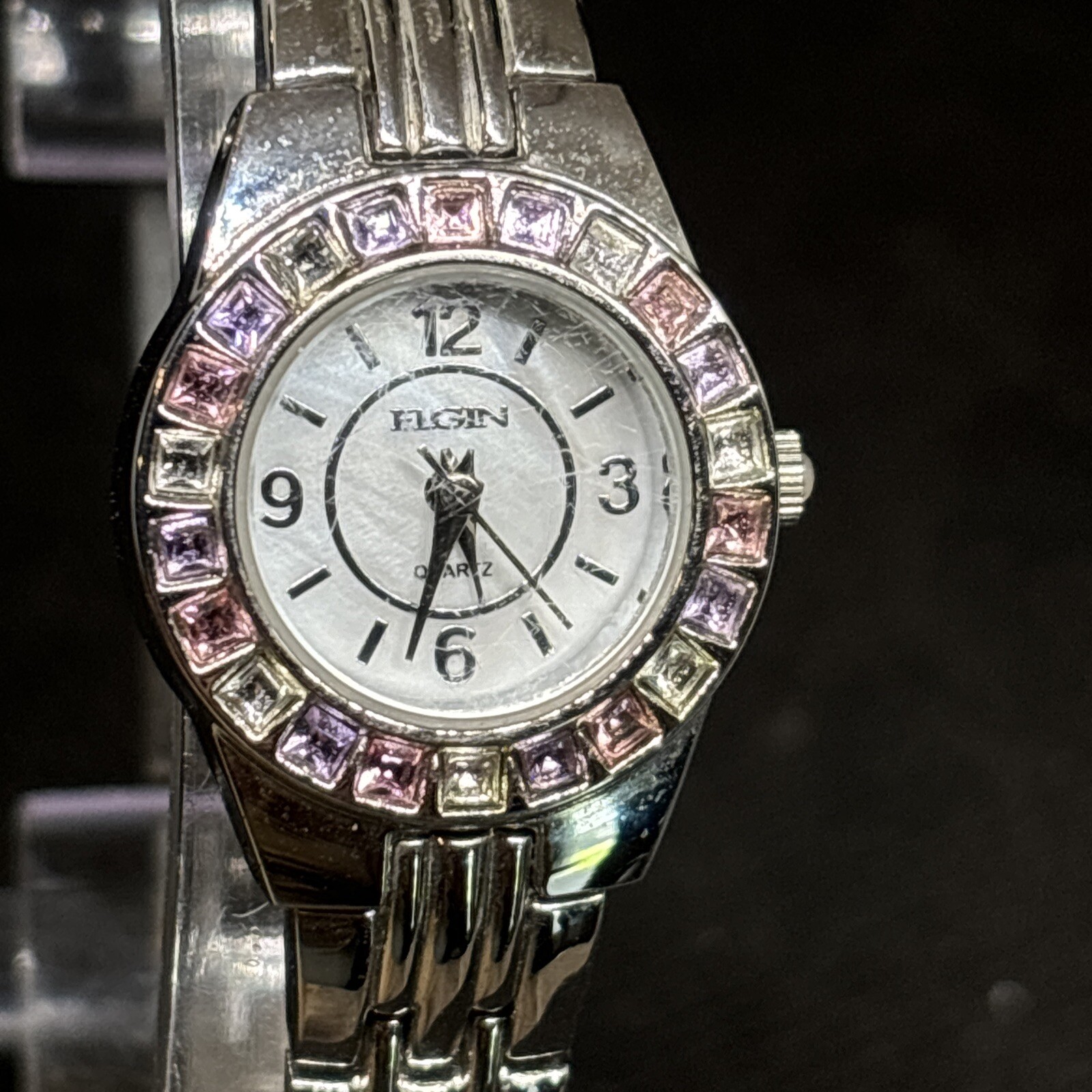 Elgin Women’s EG9917ST Quartz Watch, Silver with Multi-Colored Gemstone Bezel