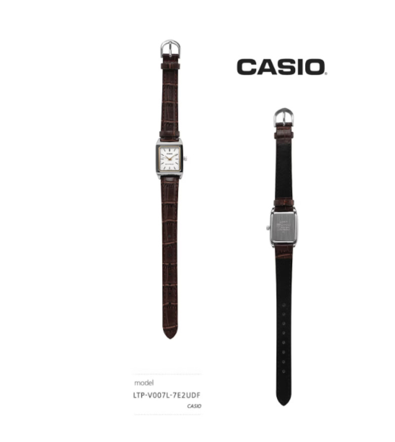 Casio LTP-V007L-7E2 Women Quartz Square Watch Genuine Leather Brown Strap