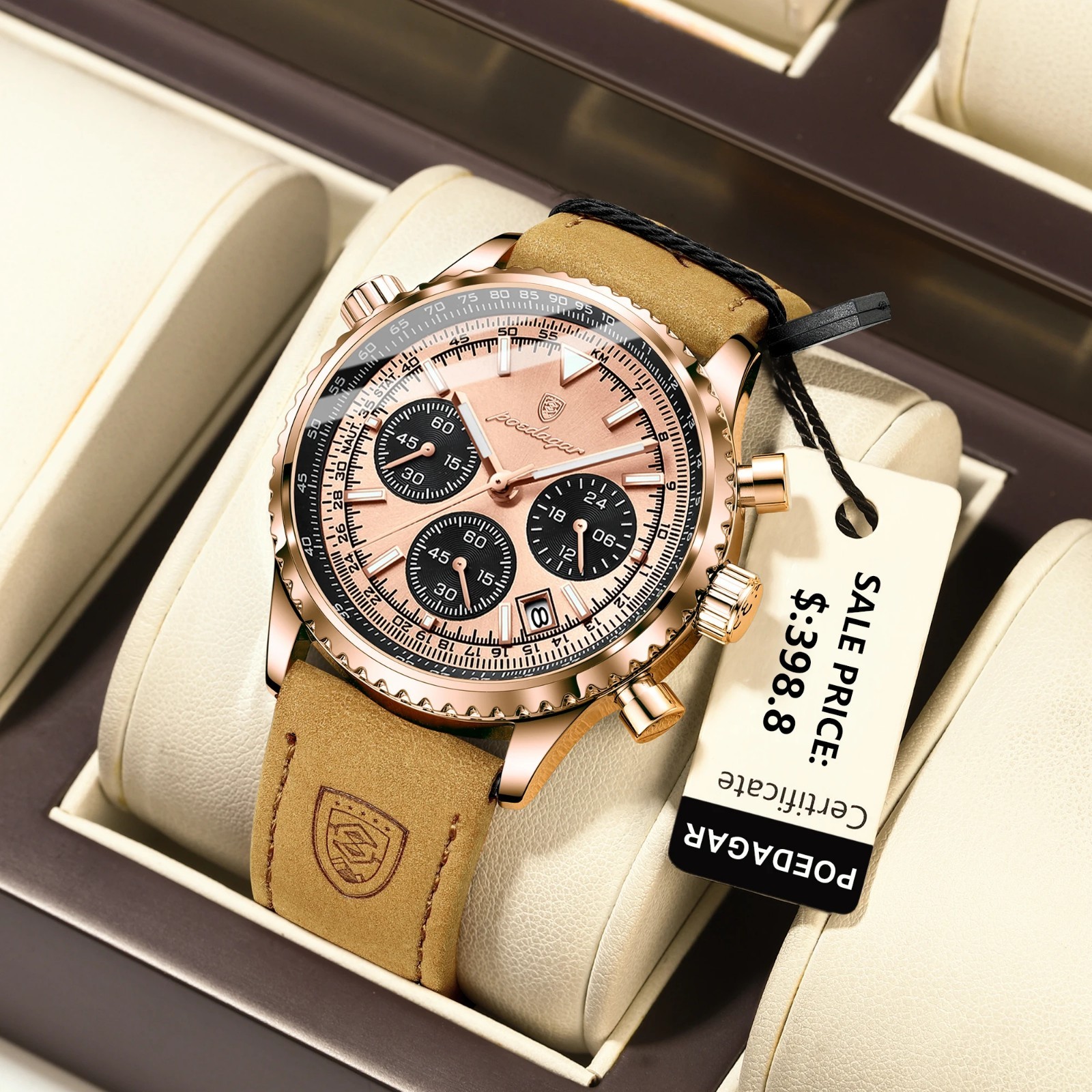POEDAGAR Luxury Men Quartz Watch Waterproof Chronograph Leather Best Gift