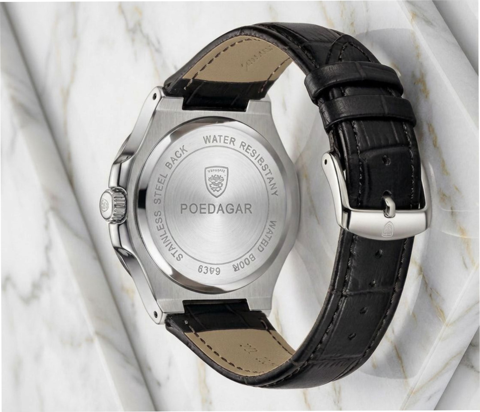 Luxury Men’s Quartz Silver Dial Watch Date Luminous Black Leather Strap Poedagar