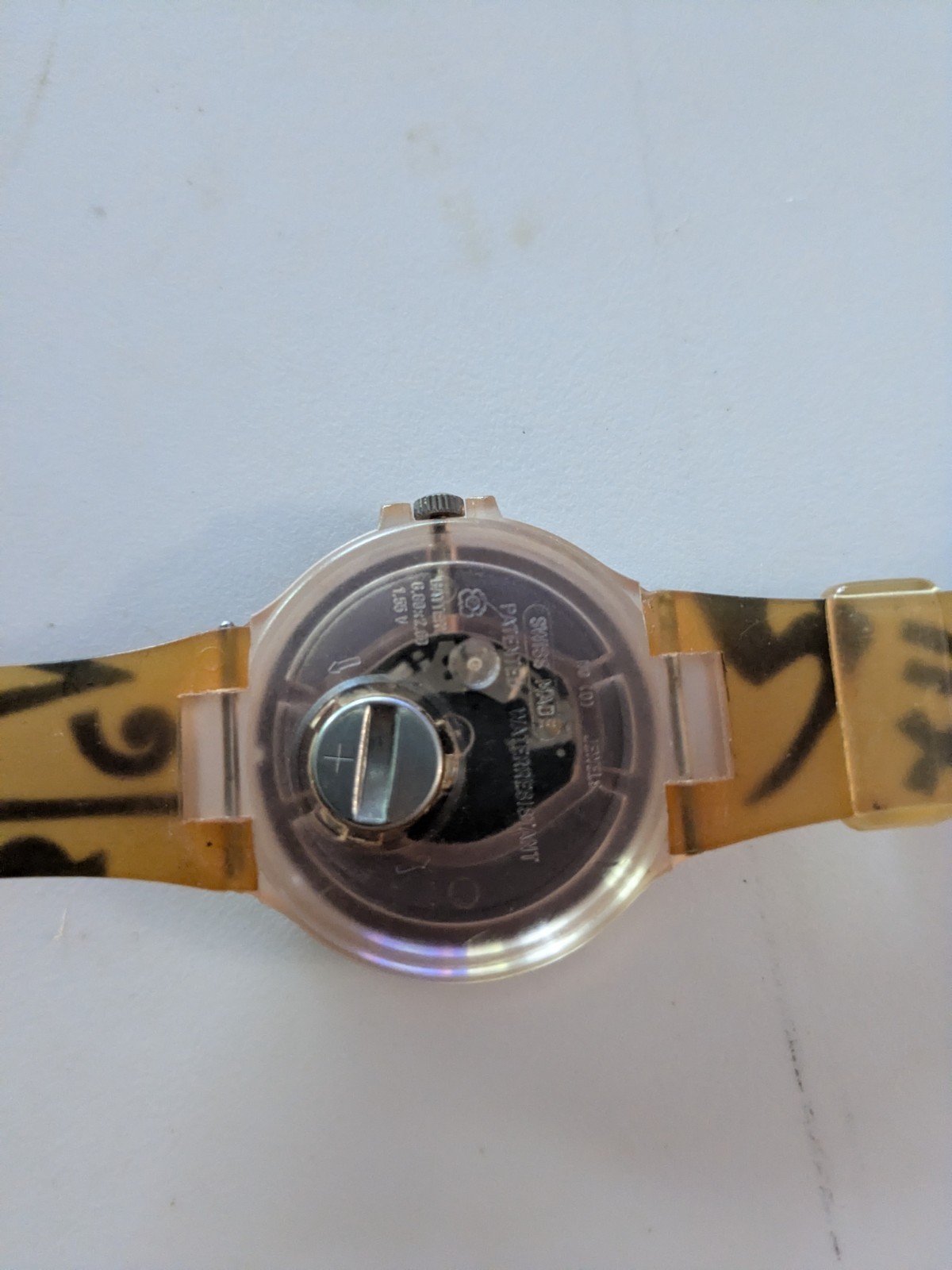 Swatch Quartz Analog 30m Clear Plastic Case 34mm Yellow/Black Strap Egyptian