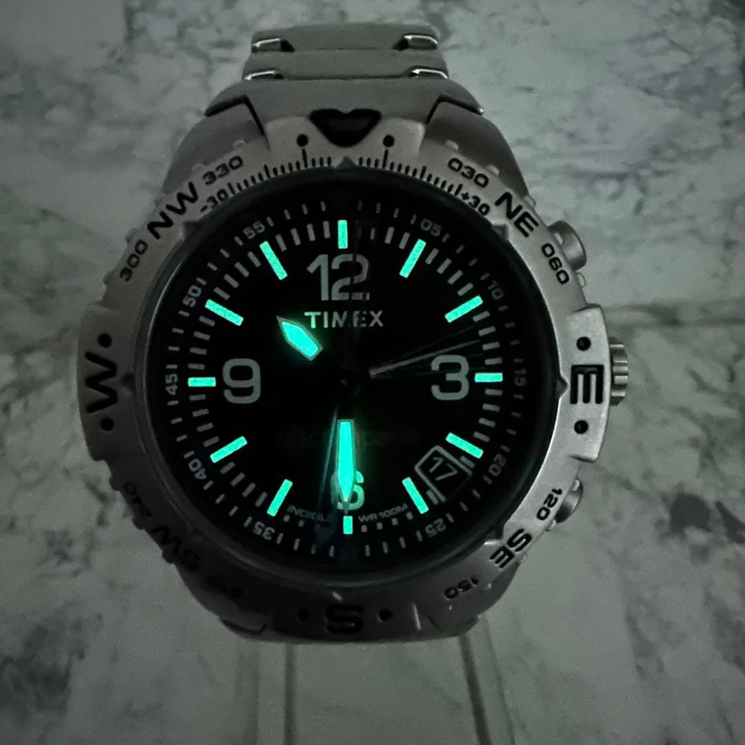 TIMEX Indiglo Compass Quartz Stainless Steel 1.65in Black Dial Watch