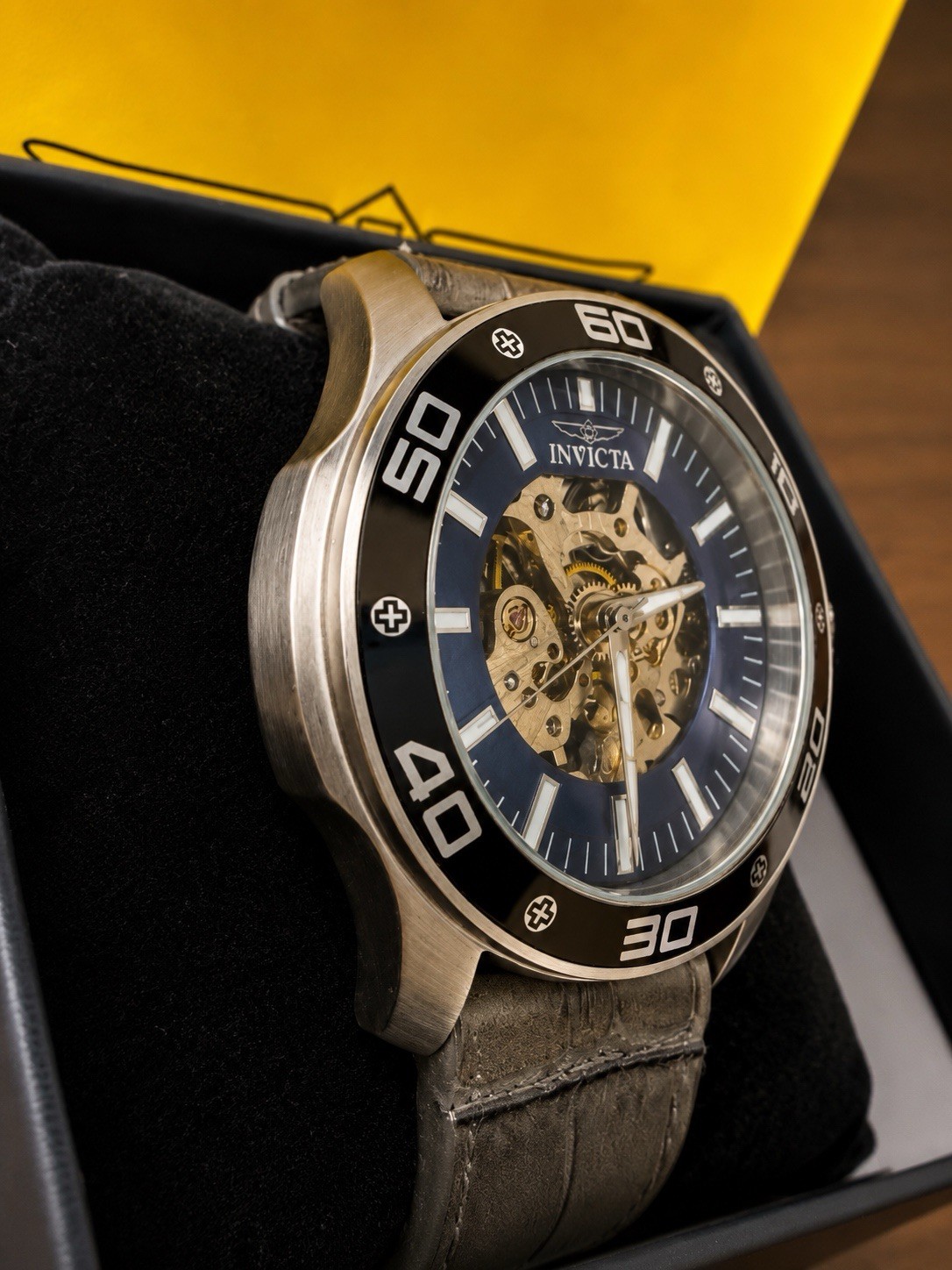 Invicta Specialty Mechanical Skeleton Blue Dial Gray Leather Men’s Watch 30771