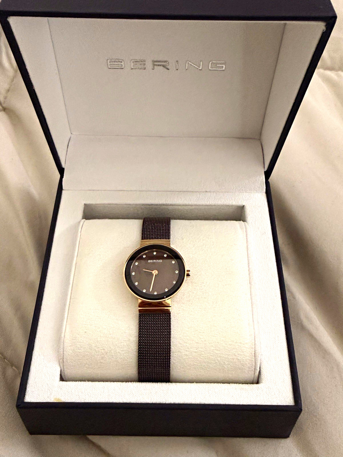BERING Women’s Quartz Dress Watch Sapphire Black Dial Rose Gold 26mm Mesh Box
