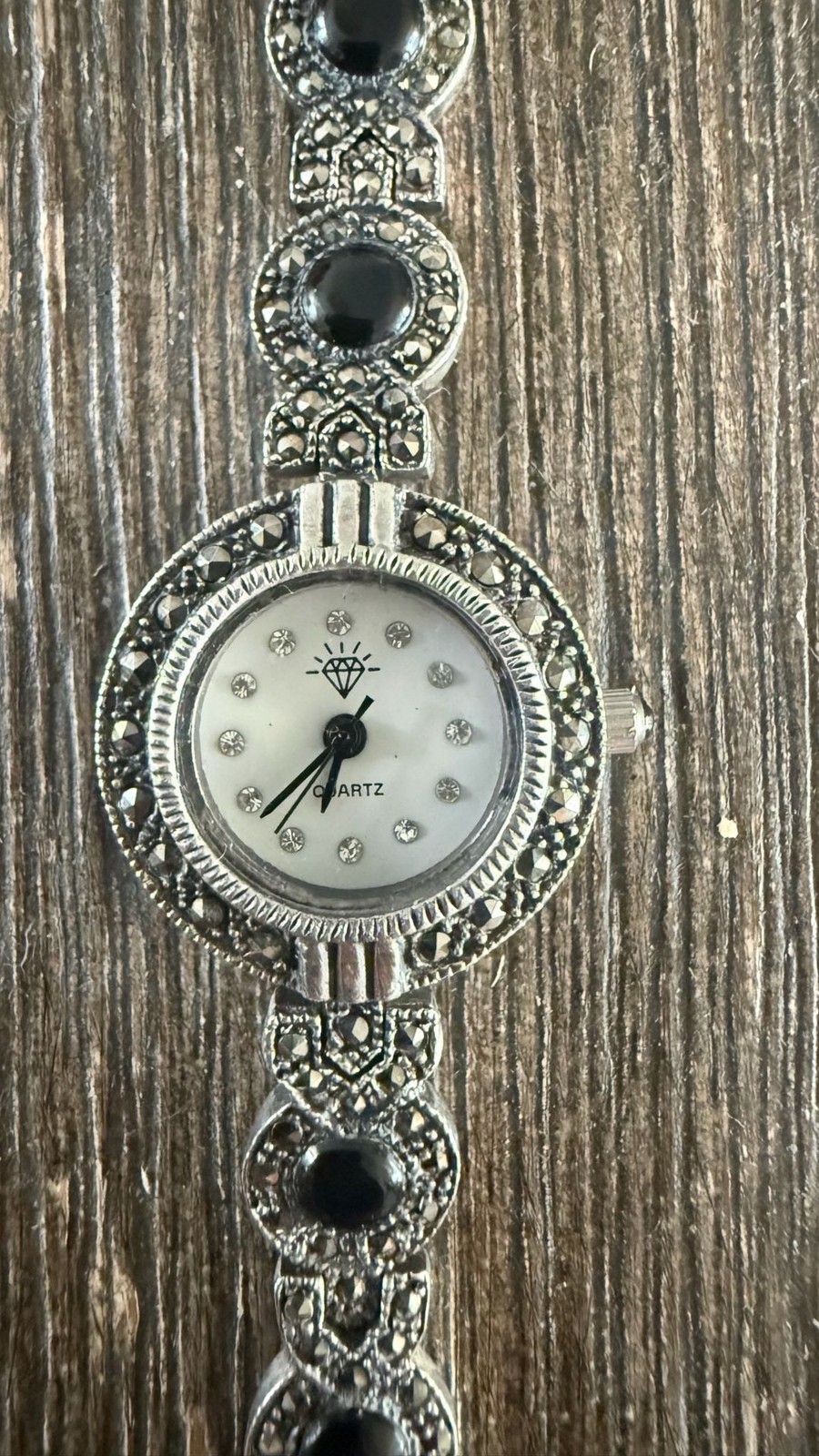 Vintage Sterling Silver 925 Marcasite and Black Onyx Quartz Bracelet Watch