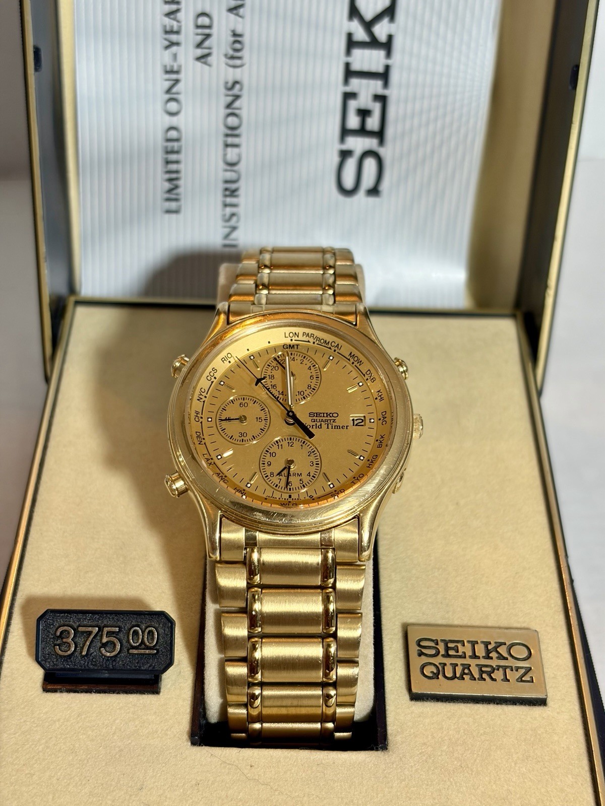 Seiko Quartz World Timer Alarm Date Gold Dial Gold Bracelet Watch – Full Set