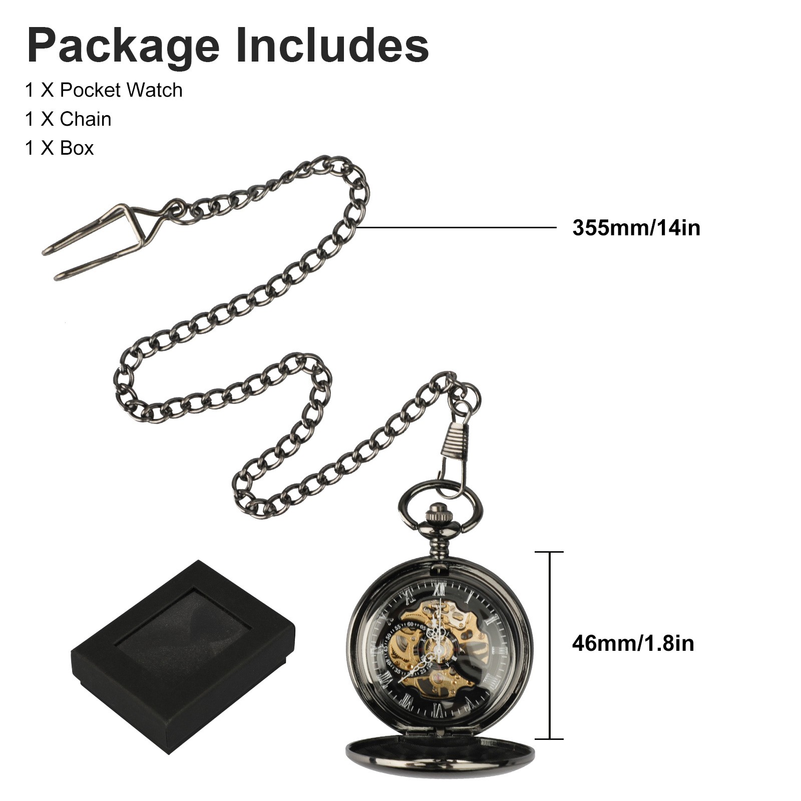 Mens Pocket Watch Mechanical Black Steampunk Skeleton Retro Chain Luxury Classic