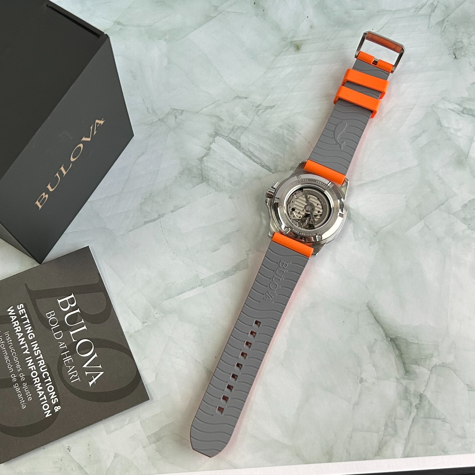 Bulova Marine Star 98A226 White Dial Orange Rubber Strap Men Automatic Watch45MM