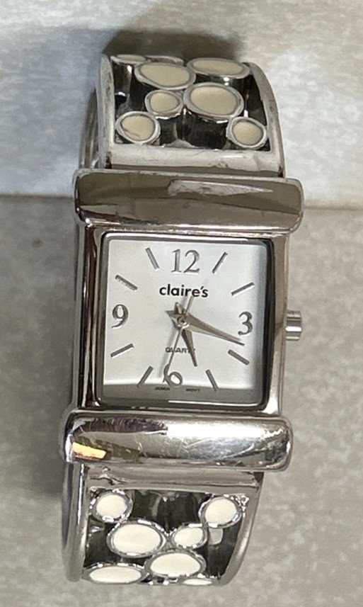 Claire’s Jewelry Cuff Silver Watch W/White Design, Brand New Battery Works
