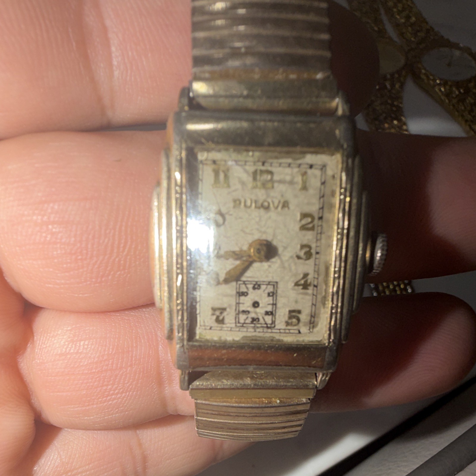 Vintage Bulova Ladies Rectangular Gold Plated Manual Watch White Dial Seconds