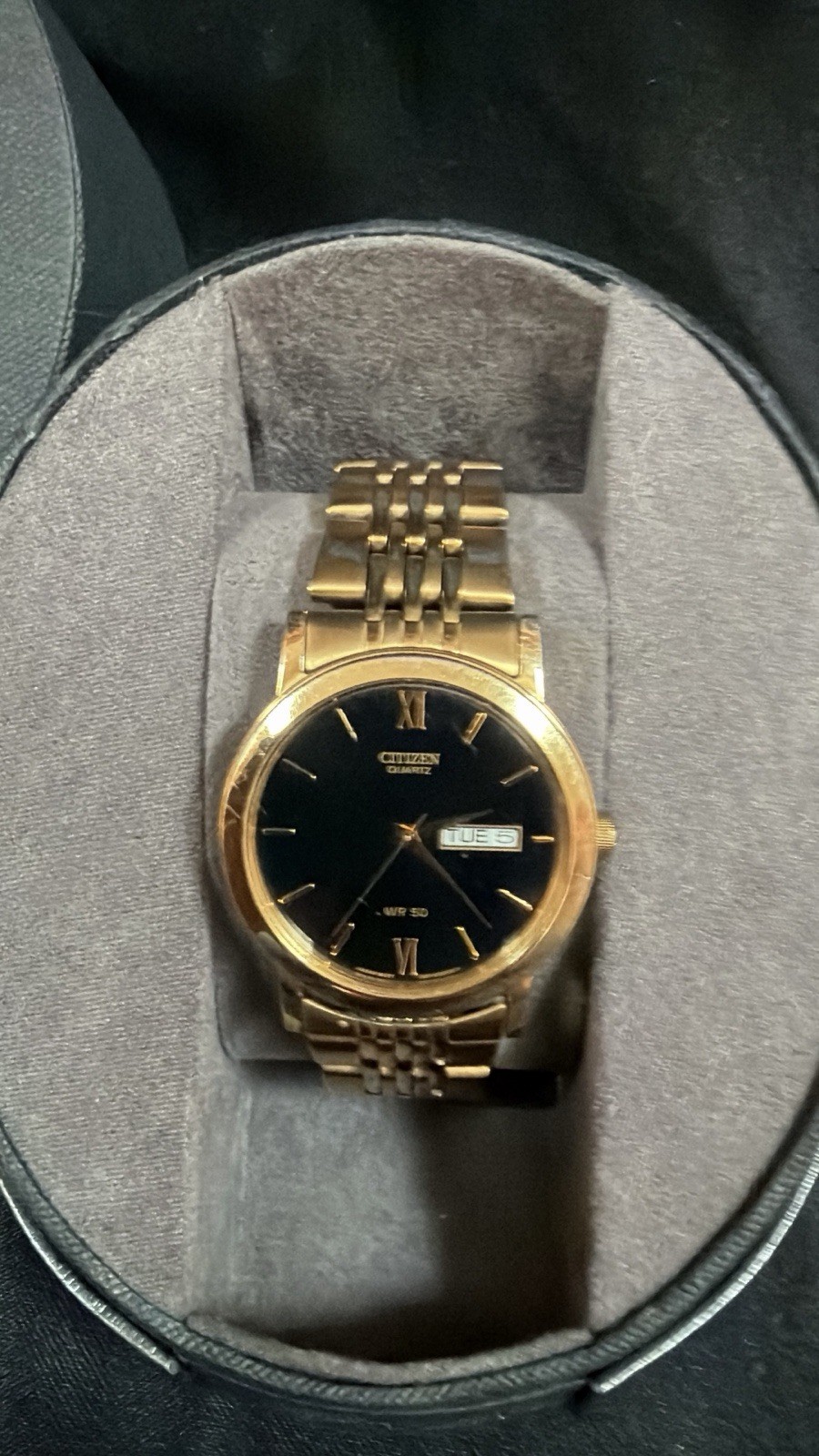 2013 Citizen Quartz Men’s Watch Gold Tone WR50 Black Dial- Day/date New Battery