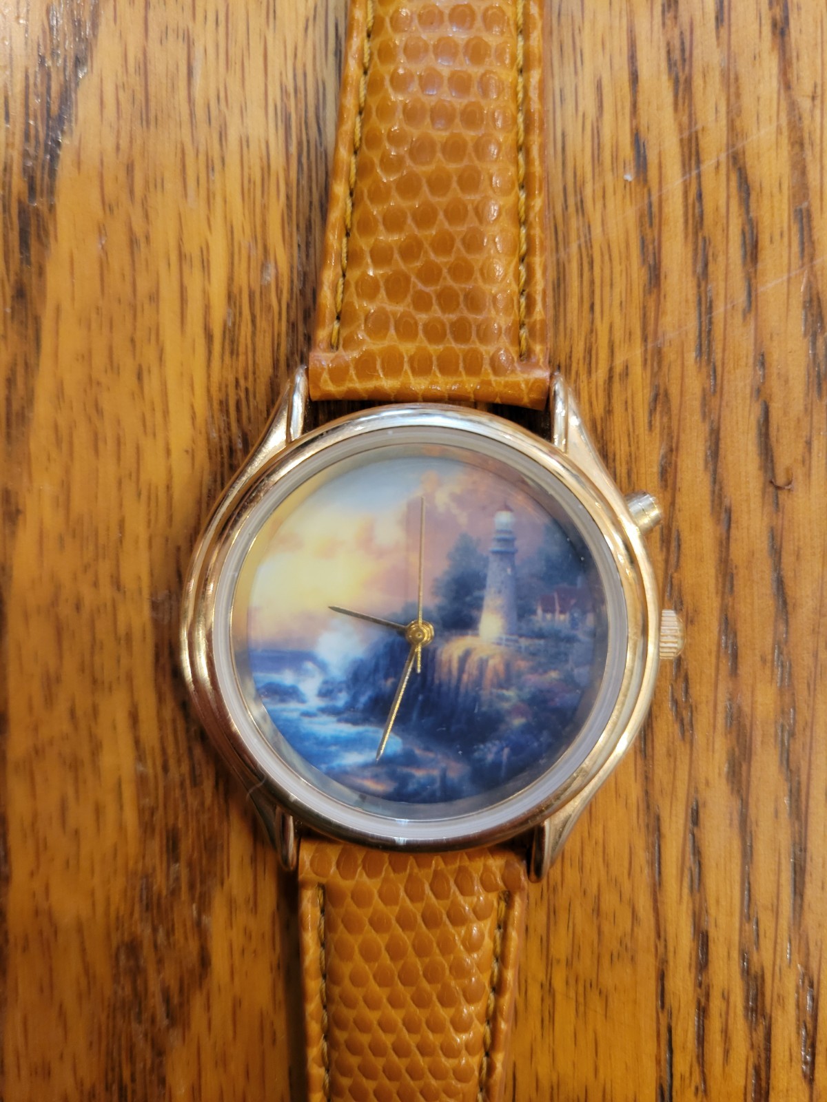 Thomas Kinkade Lighthouse Art Quartz Wristwatch Gold Tone Brown Leather Band
