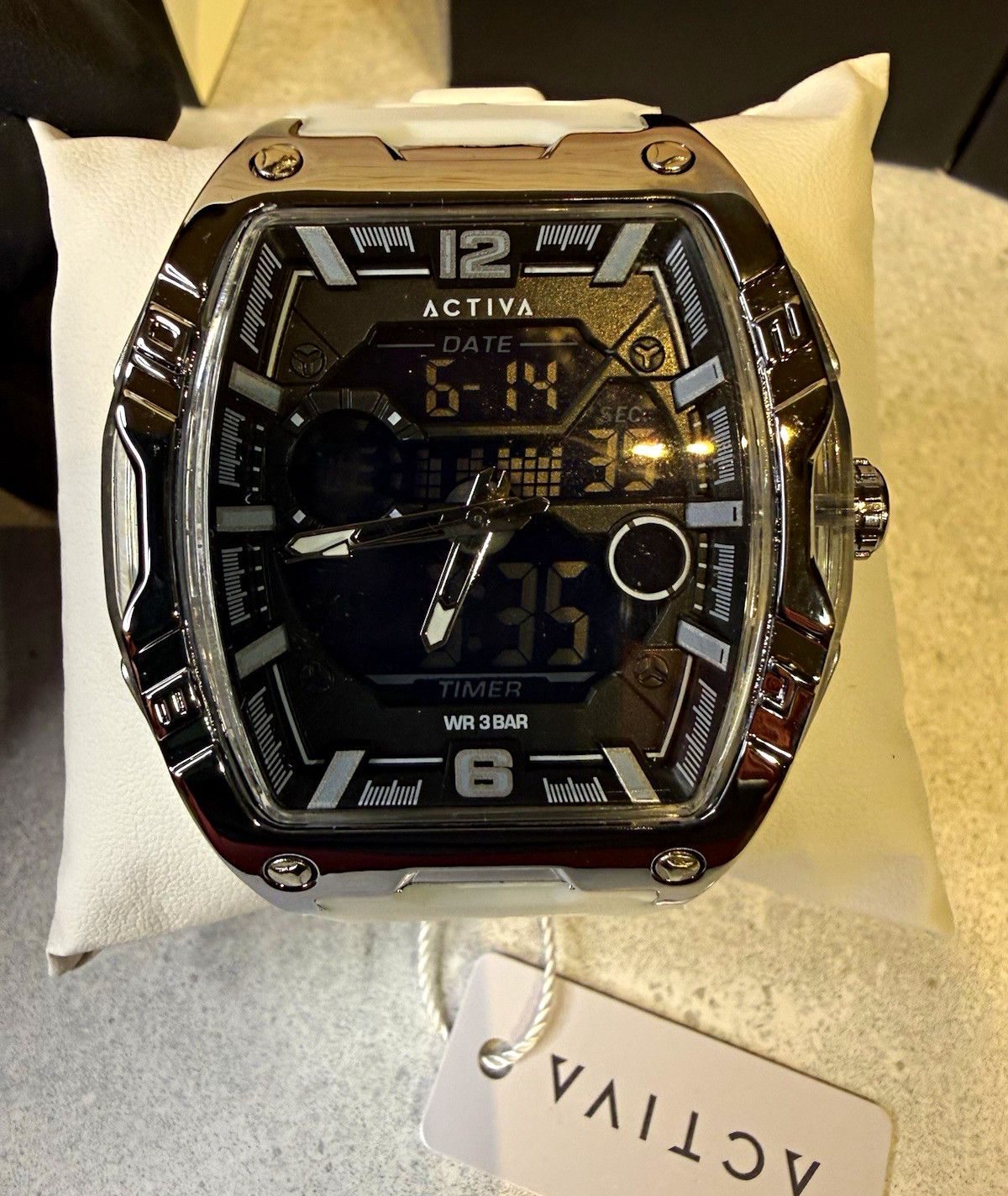 Activa Analog-Digital Quartz Watch Black Dial White Rubber Strap Date