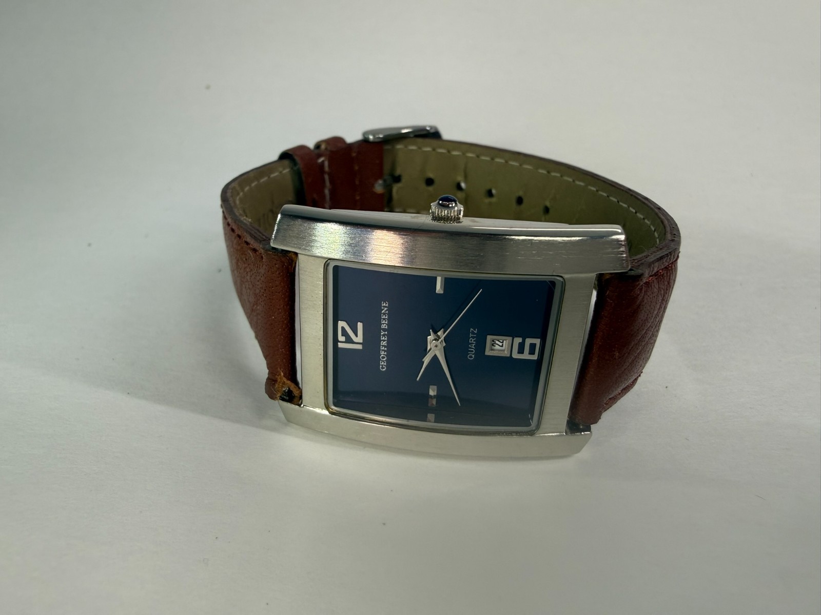 Geoffrey Beene GBM165 Wide Rectangular Navy Blue Dial Date Brown Leather Watch